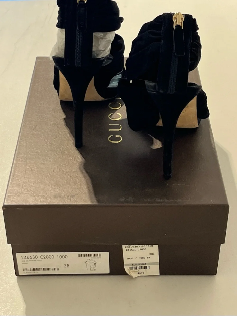 Gucci Black Suede Stiletto Sandals with Gold Accent